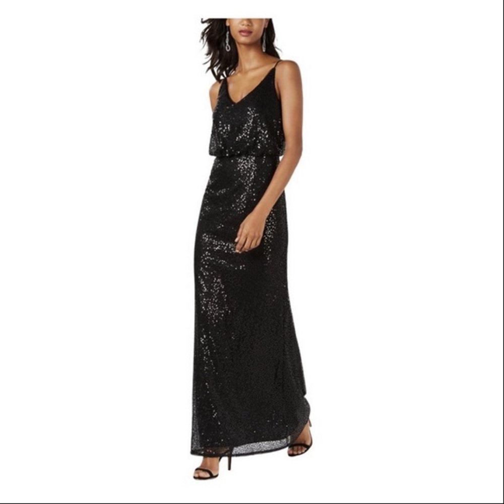 Adrianna Papell Black Sequin Blouson Gown - Size 6